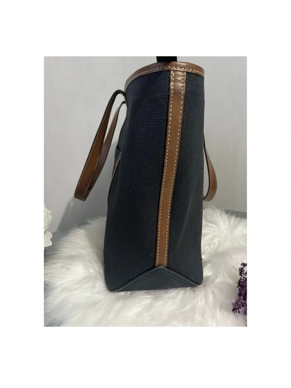 Polo Ralph Lauren Navy Canvas Tote with Brown Leather Straps